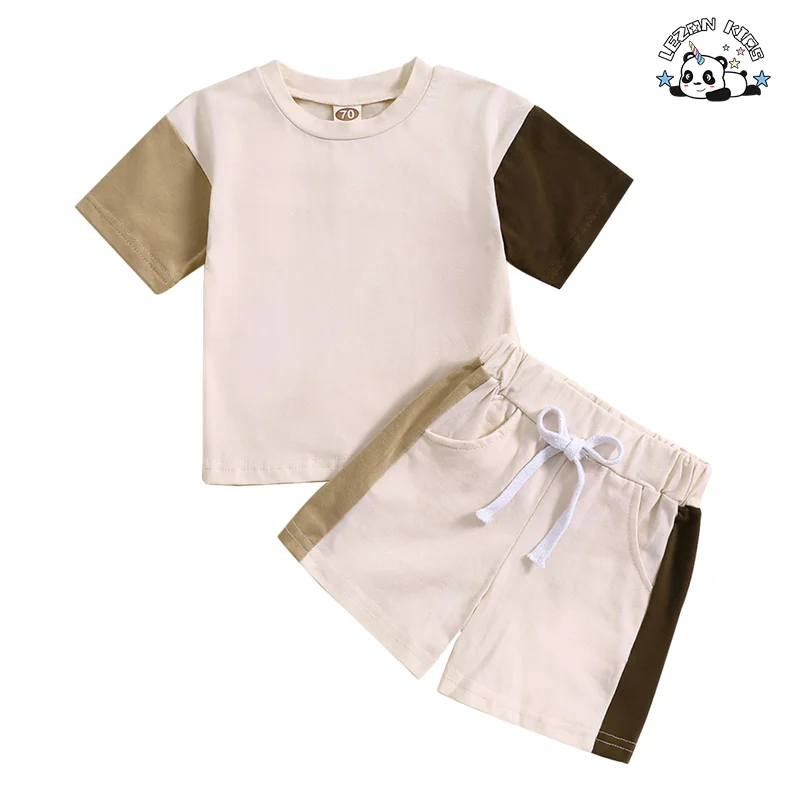 LEZONKIDS - New Fashion Kid Suit Solid Color Block Boy Set Short Sleeve T Shirt Shorts 2 Piece Child Jogger Set